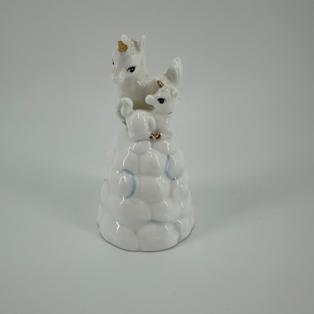 Vintage Enesco Porcelain Unicorn Bell White Gold Accents Cloud Base Figurine
